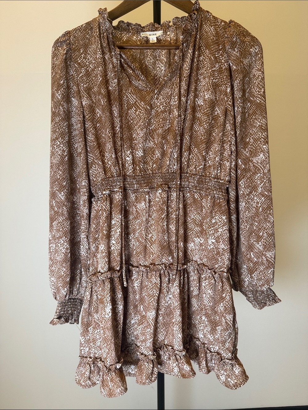 MINE Brown & Cream Snakeskin Ruffle Tier Mini Dress | Size L - Picture 3 of 14